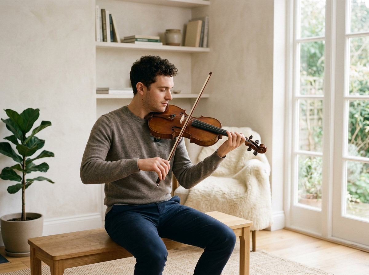 Young man playing violin indoors near large windows with greenery outside, sitting on a wooden bench, with a potted plant and bookshelf nearby.