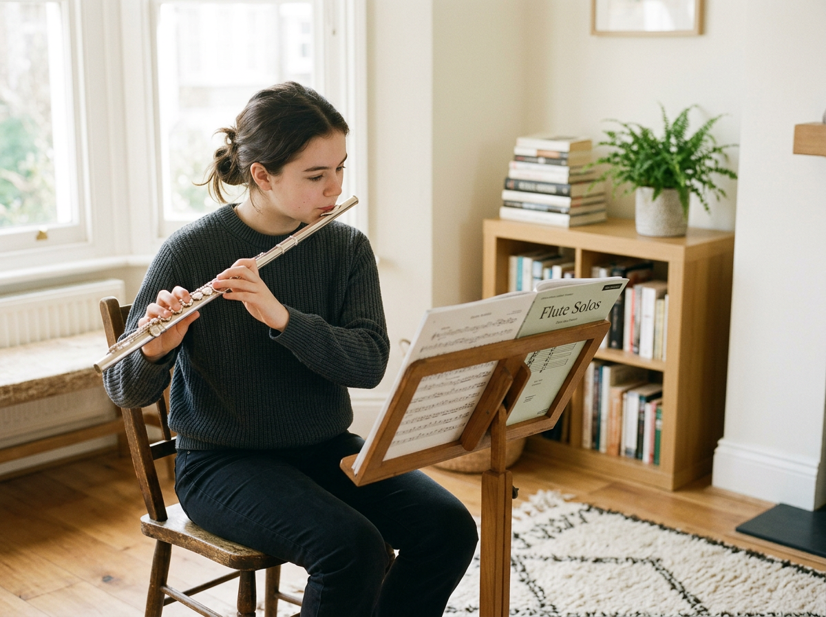 Young woman playing the flute while sitting in a home music practice room with a music stand, bookshelves, and a window.