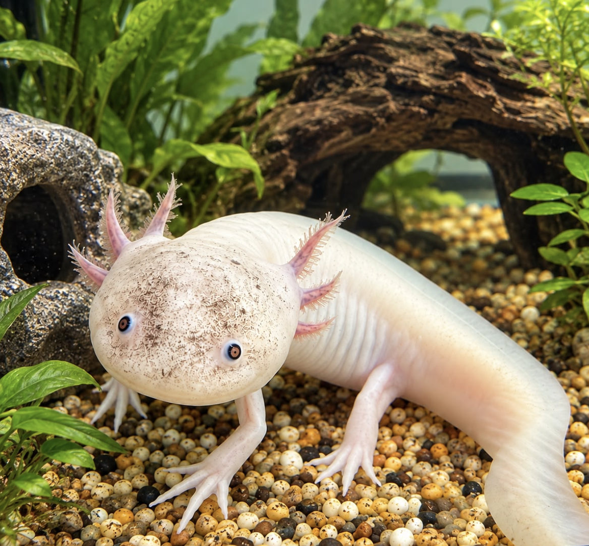 A white axolotl with pink gills and blue eyes resting on pebbles in a terrarium with green plants, a small rock, and a piece of driftwood in the background.