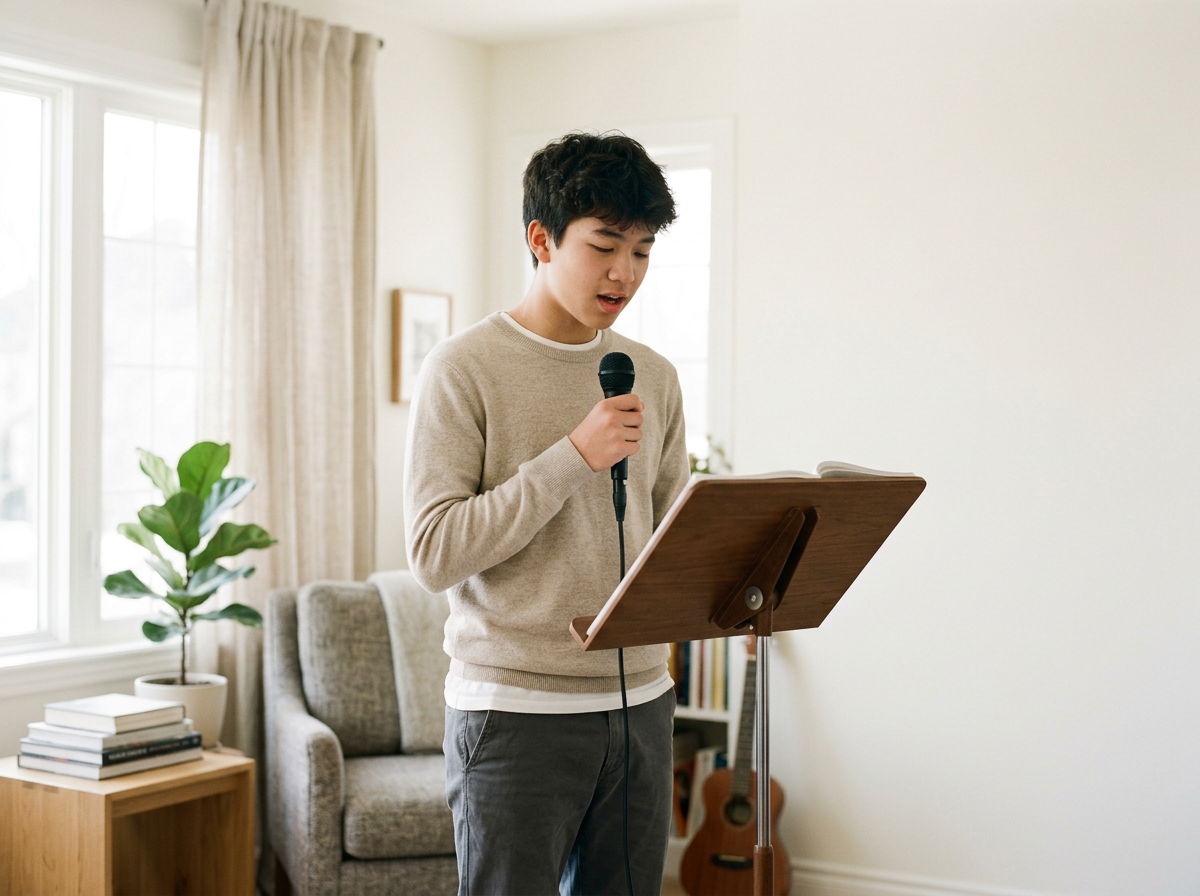 Young man singing or speaking into a microphone while reading from a music stand in a bright living room.