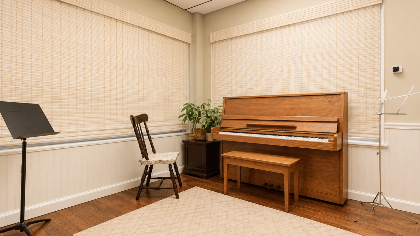 A cozy music room with a wooden upright piano, a chair with a floral cushion, a music stand, a potted plant on a small black cabinet, and a light-colored area rug. The room features beige blinds covering the windows and wooden flooring.