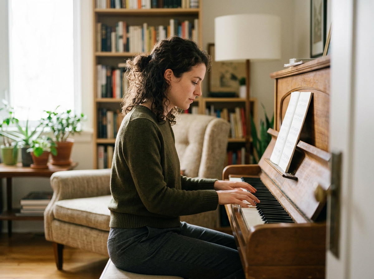 A woman with curly dark hair playing a piano in a cozy room with bookshelves, a couch, and potted plants.