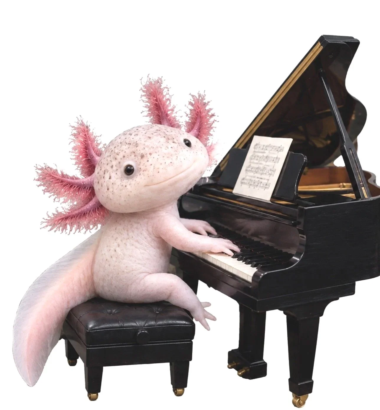 A pink-eyed blotched salamander with feathery pink gills playing a black grand piano, with sheet music on the music stand.