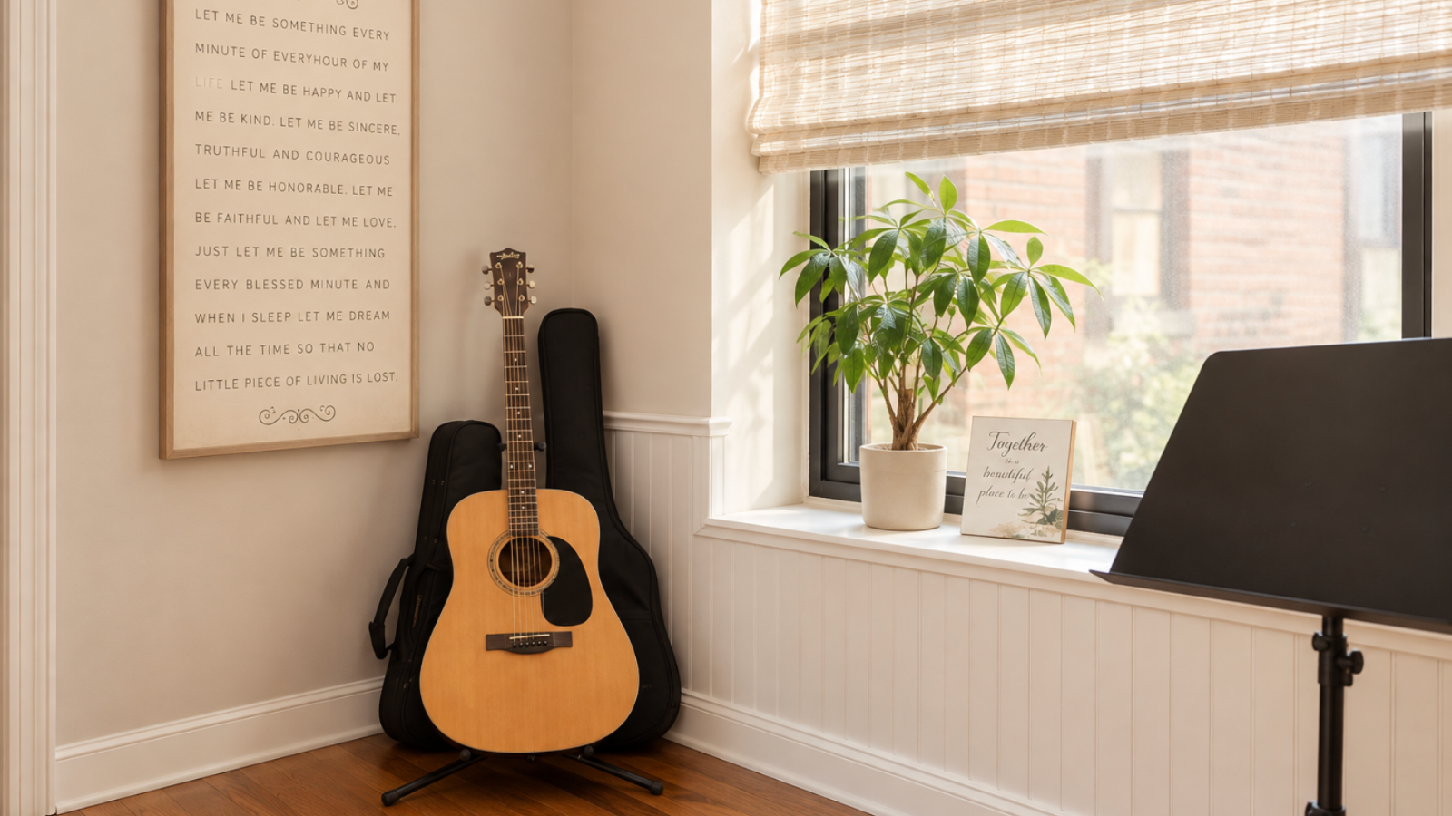 Living room corner with a guitar in a case, a potted plant on the windowsill, a window with a bamboo shade, a framed quote sign, and a music stand, with a wall hanging displaying a poetic text.