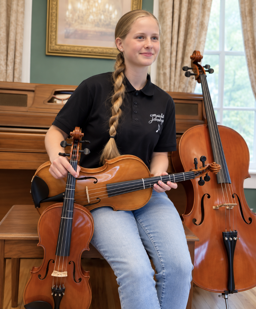 A young girl with a long braid sitting on a wooden bench in a room, holding a violin. There is a viola resting on her lap and a cello standing next to her. She is wearing a black polo shirt with 'musical journeys' embroidered on it and blue jeans. The room has a green wall, a window with curtains, and a framed picture hanging on the wall.