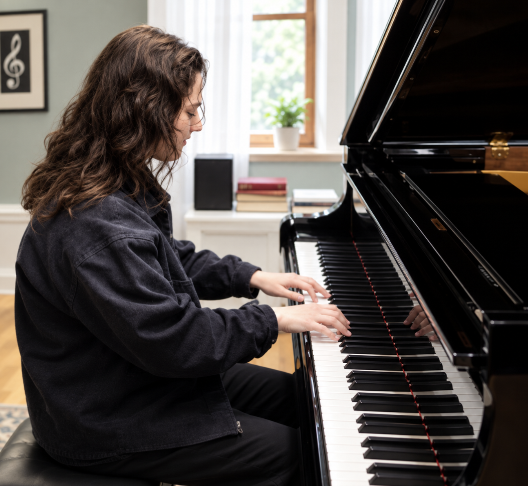 A woman with curly brown hair playing a black grand piano in a well-lit room with a white window, potted plant, and a small stack of books on a shelf.