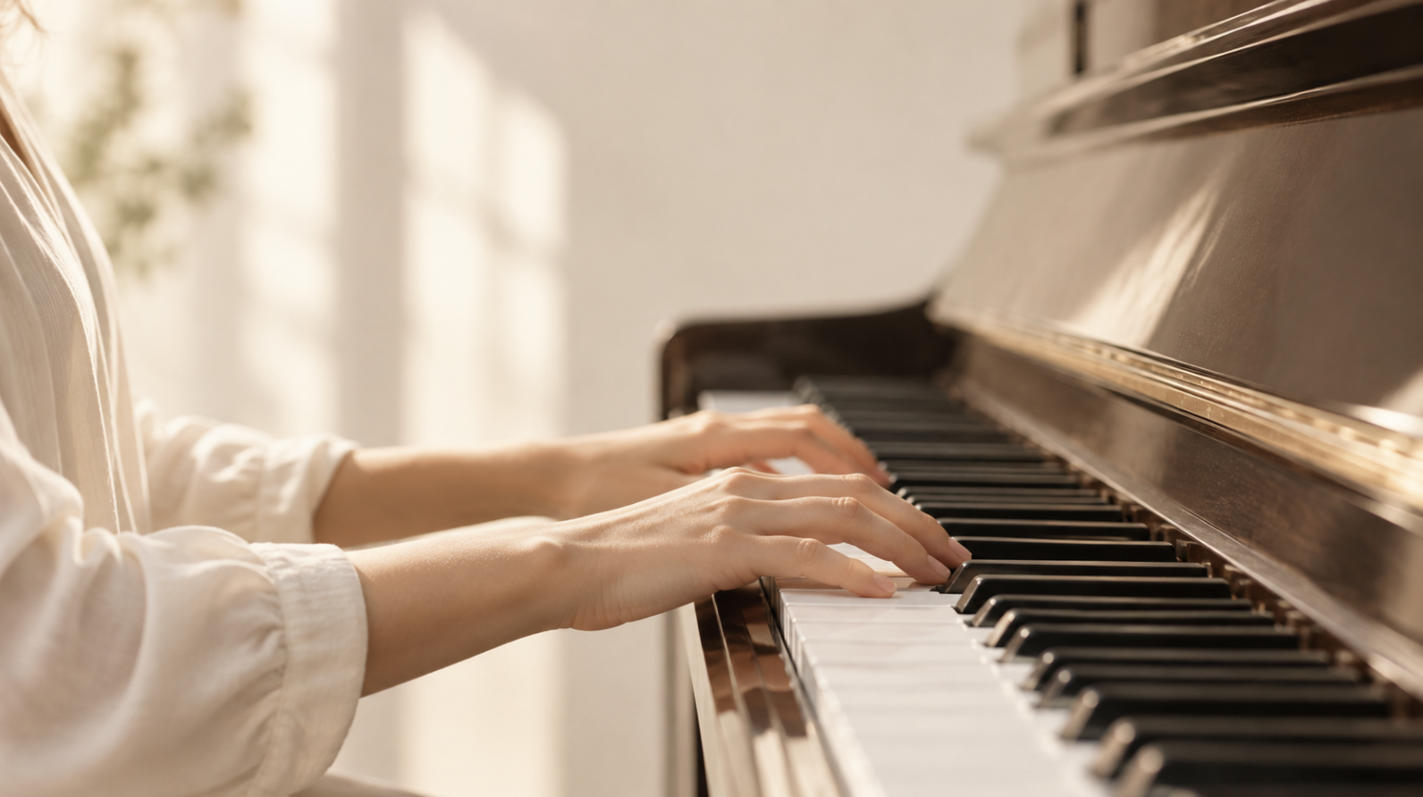 Person playing a piano with hands on the keys in a well-lit room.