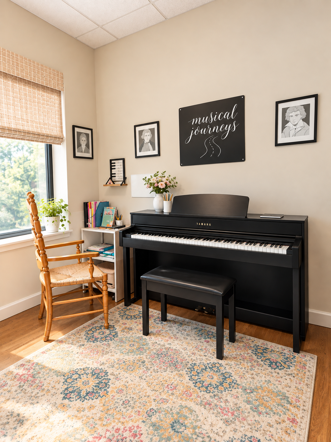 A music room featuring a black Yamaha digital piano with a matching black bench, a wooden chair with woven seat, a colorful patterned rug, and wall decor including a sign that says 'musical journeys,' framed black and white portraits, and a small shelf with books and a framed photo. There are plants on the window sill, and sunlight is streaming through the window covering.