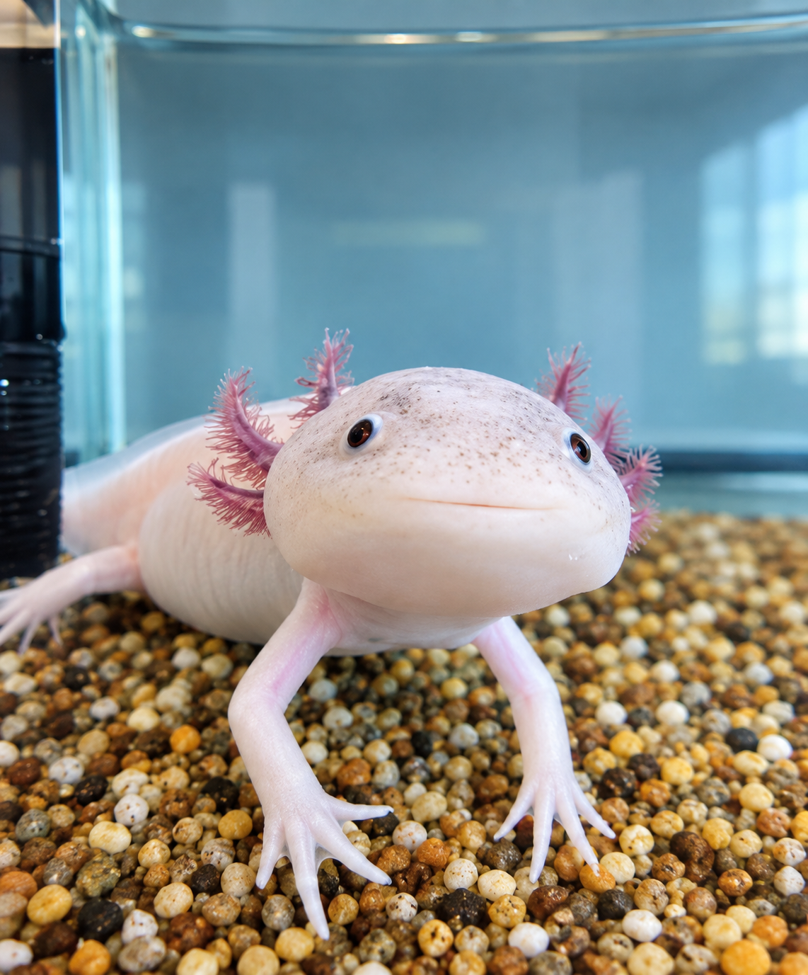 A pale-colored axolotl with pink external gills in an enclosure with a gravel floor and a blue background.