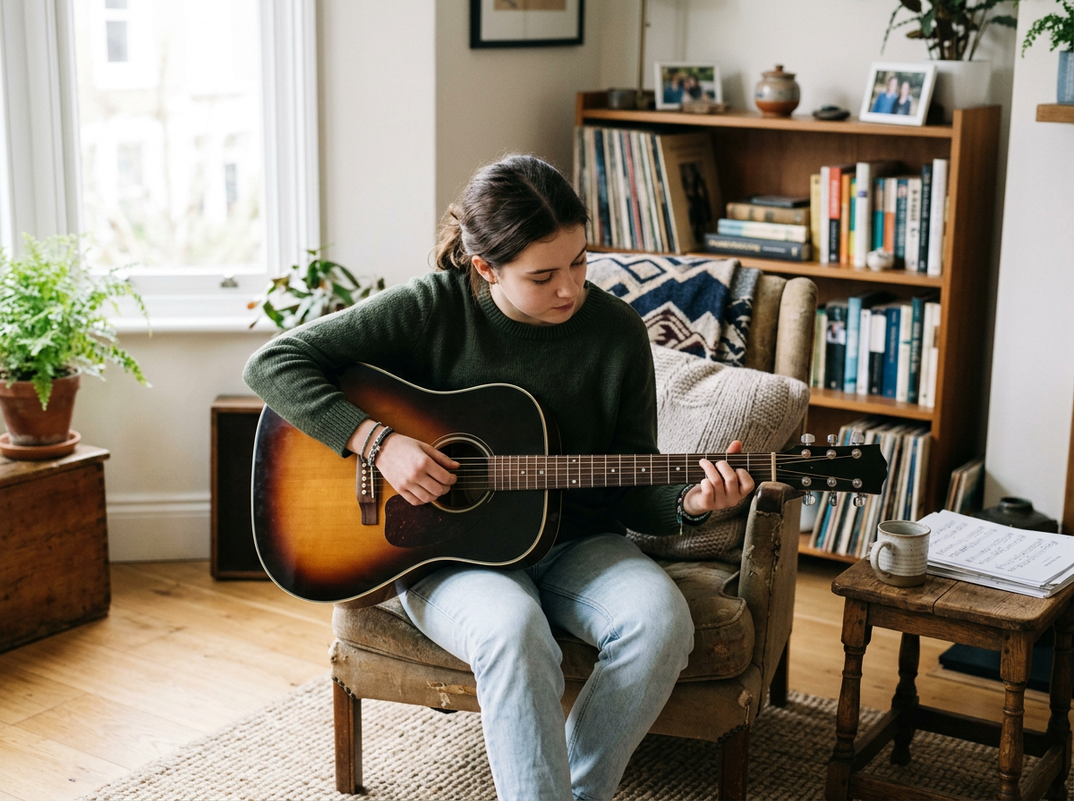Young woman sitting on an upholstered chair in a cozy living room, playing an acoustic guitar. The room has a bookshelf filled with books and framed photos, a window with natural light, potted plants, and a small wooden side table with a mug and papers.