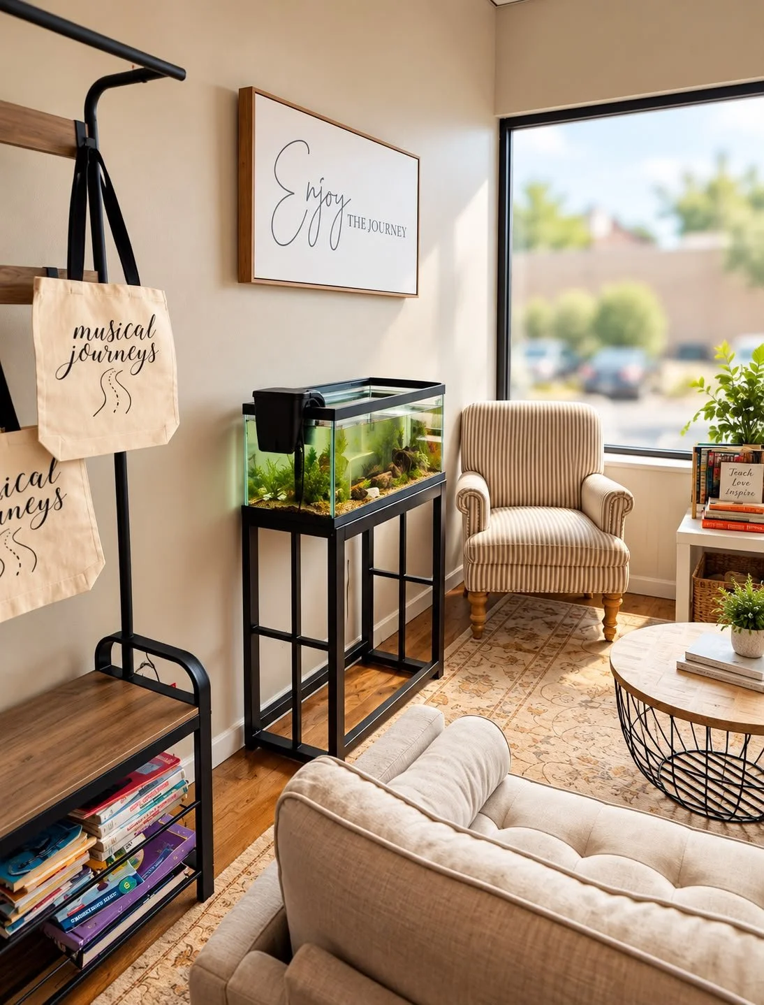 Cozy living room with beige armchair, fish tank on black stand, window view of parking lot, bookshelf, and wall art that reads "Enjoy the Journey".