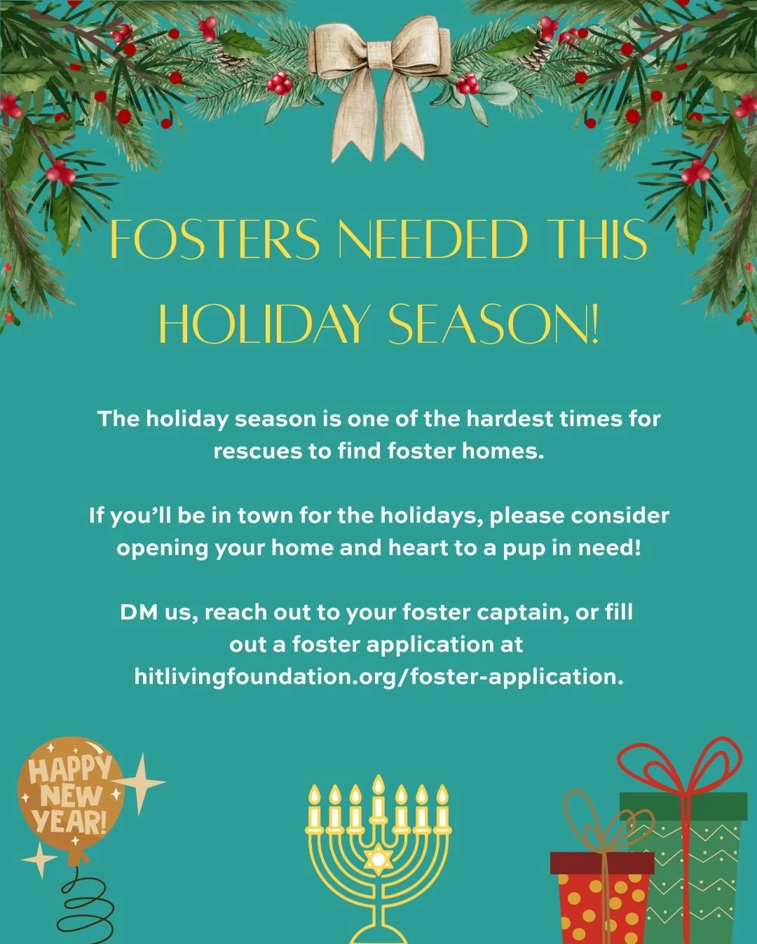 The holidays are one of the hardest times for rescues to find fosters.

Some of our pups will need foster homes to keep them safe and warm through the holiday season. If you&rsquo;re staying in town and can foster, please consider opening your home a