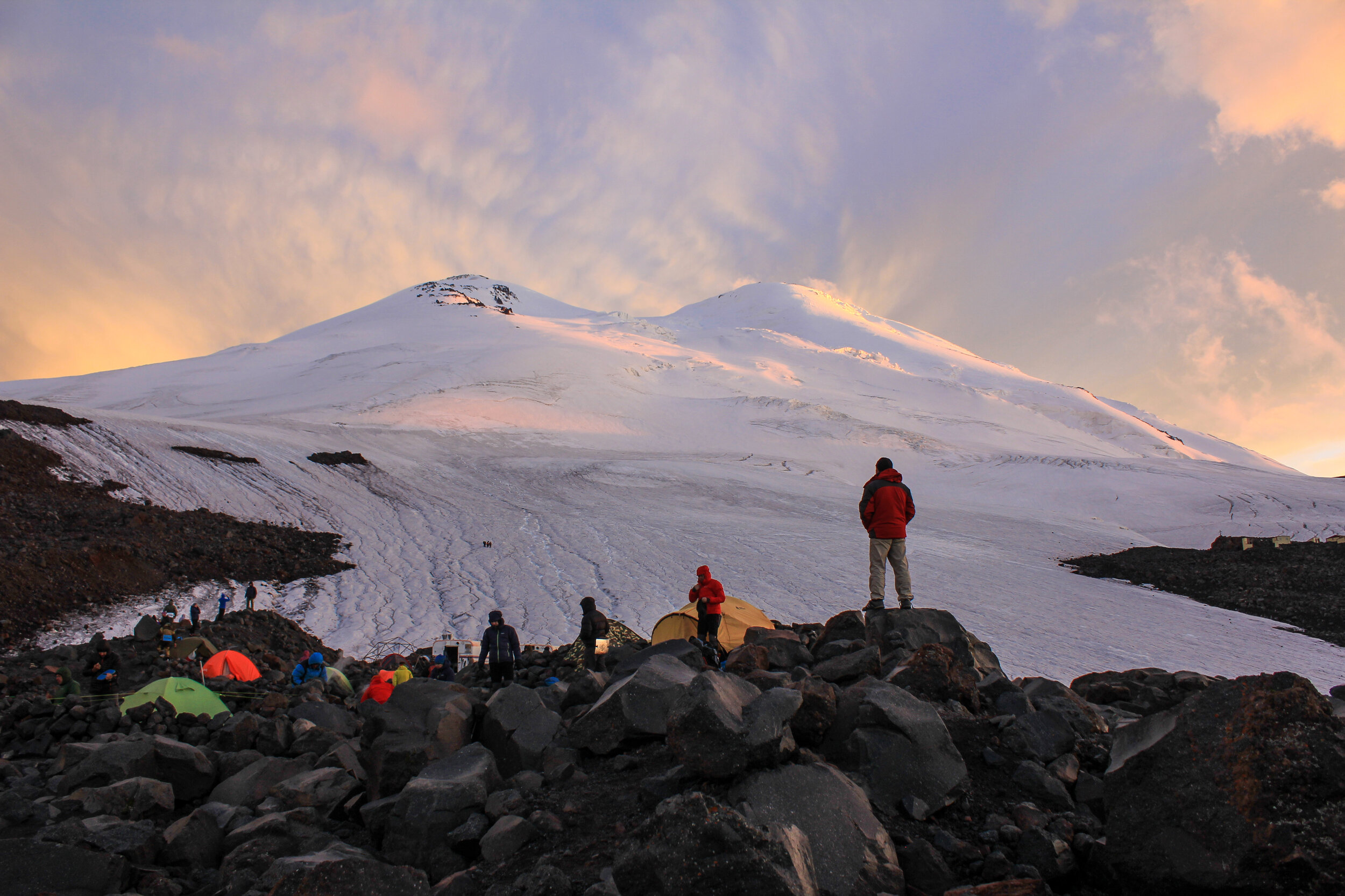 Kabardino-Balkar Rep./ Russia - July 22 2017: Base camp on the northern slope of Elbrus. Ascent to the highest point of Europa