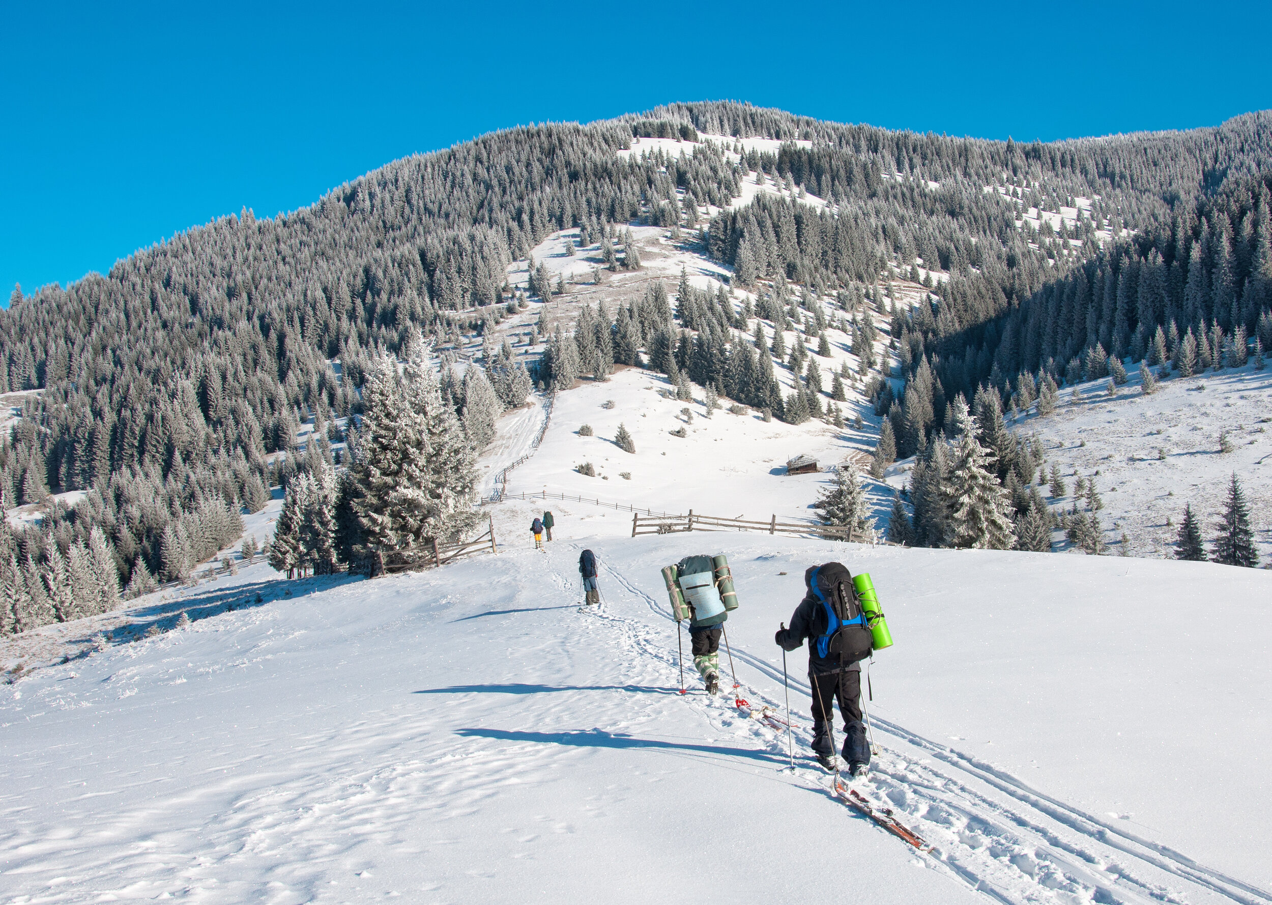 group of skiers rises uphill