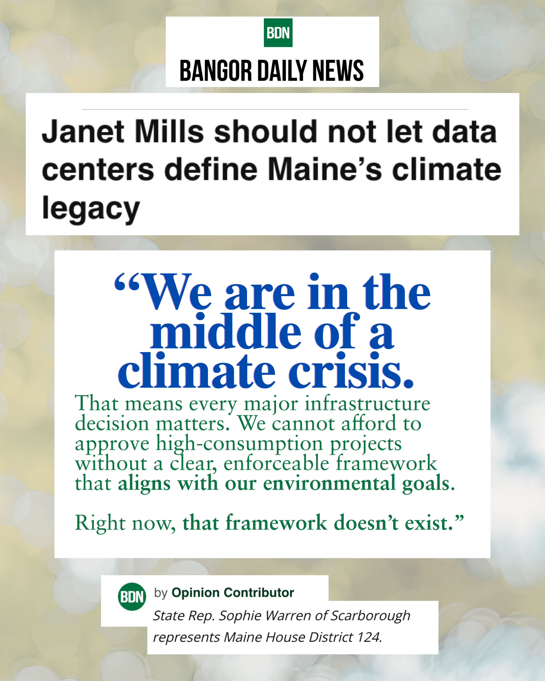 In my op-ed published today in the Bangor Daily News, I advocate for Gov. Mills to reinforce her legacy as a climate leader by signing a bill that a bipartisan majority of the Maine Legislature put on her desk to impose an 18-month moratorium on new 