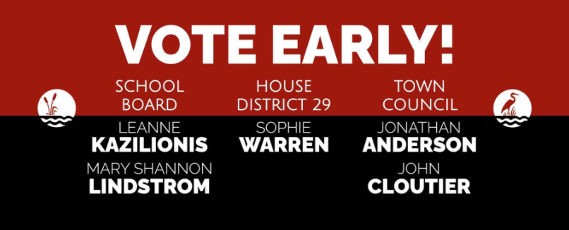 Red and black election poster with white text encouraging early voting. It features symbols of a moose and a heron, with candidate names and positions for school board, house district 29, and town council.