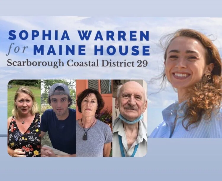 Image of a political campaign poster for Sophia Warren running for Maine House District 29, featuring photos of five candidates or supporters, with a woman smiling on the right and a cloudy sky background.