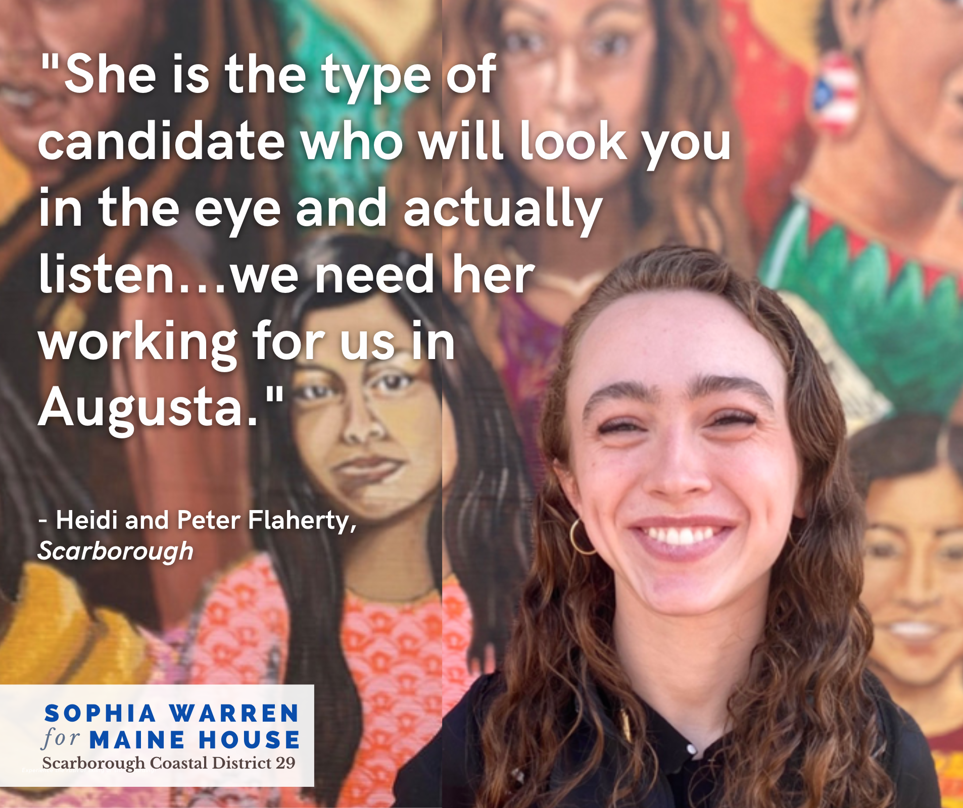 A young woman with curly brown hair and a black shirt smiling in front of a mural of diverse women. The mural includes women with different appearances, some wearing colorful clothing and accessories. Overlay text quotes Heidi and Peter Flaherty abou