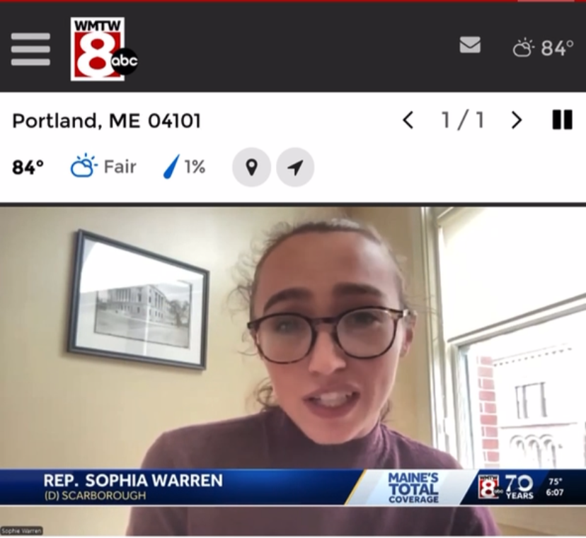 Screenshot of a news broadcast featuring Rep. Sophia Warren speaking, with weather and news station information displayed.