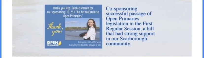A thank you message to Rep. Sophie Warren for co-sponsoring L.D. 231, displayed alongside a photo of a smiling young woman with crossed arms, and a background of a natural landscape. The message emphasizes the importance of every voice and voter part