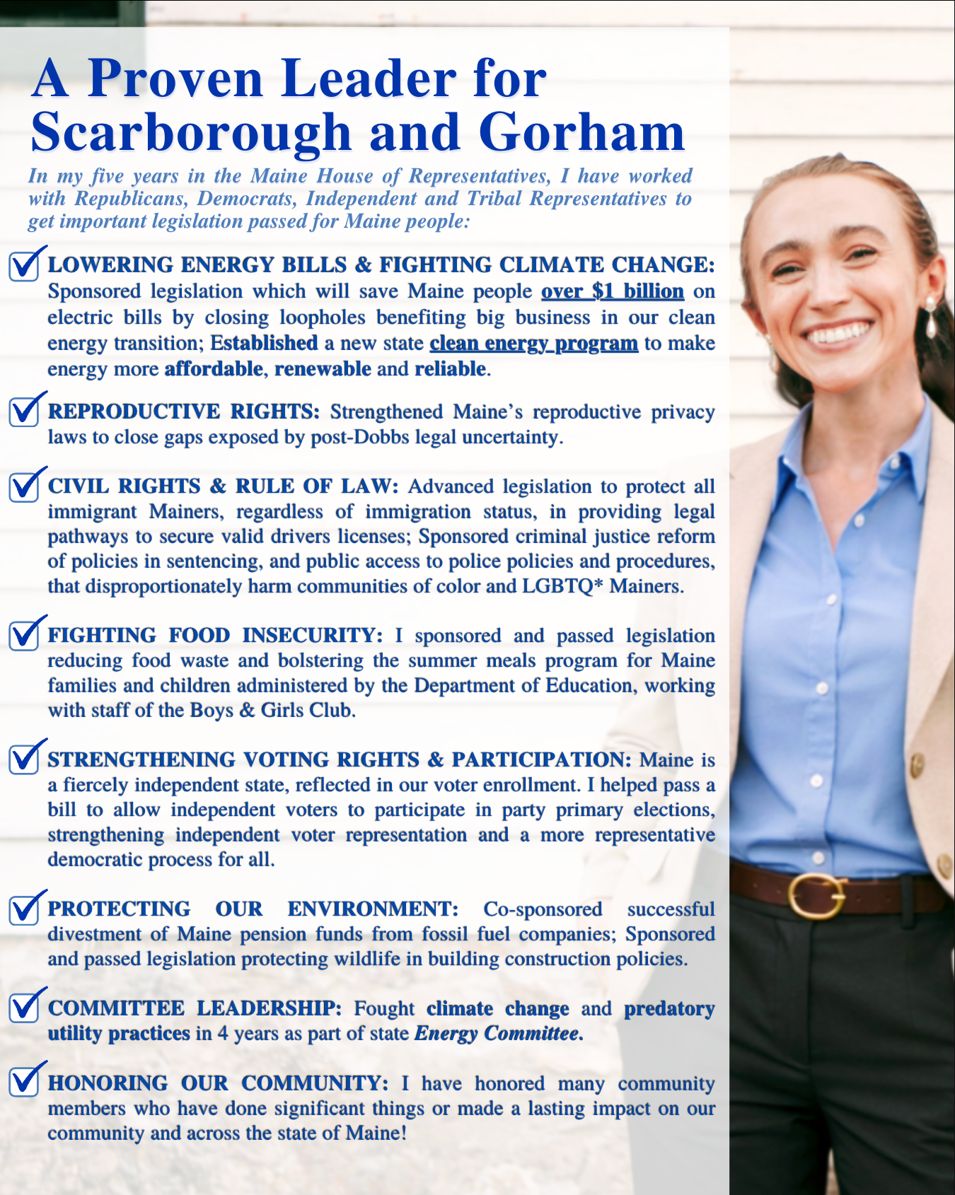 Image of State Representative Sophie Warren smiling at camera with a large block of text with the title "A Proven Leader for Scarborough & Gorham" and a list of bills she has passed.