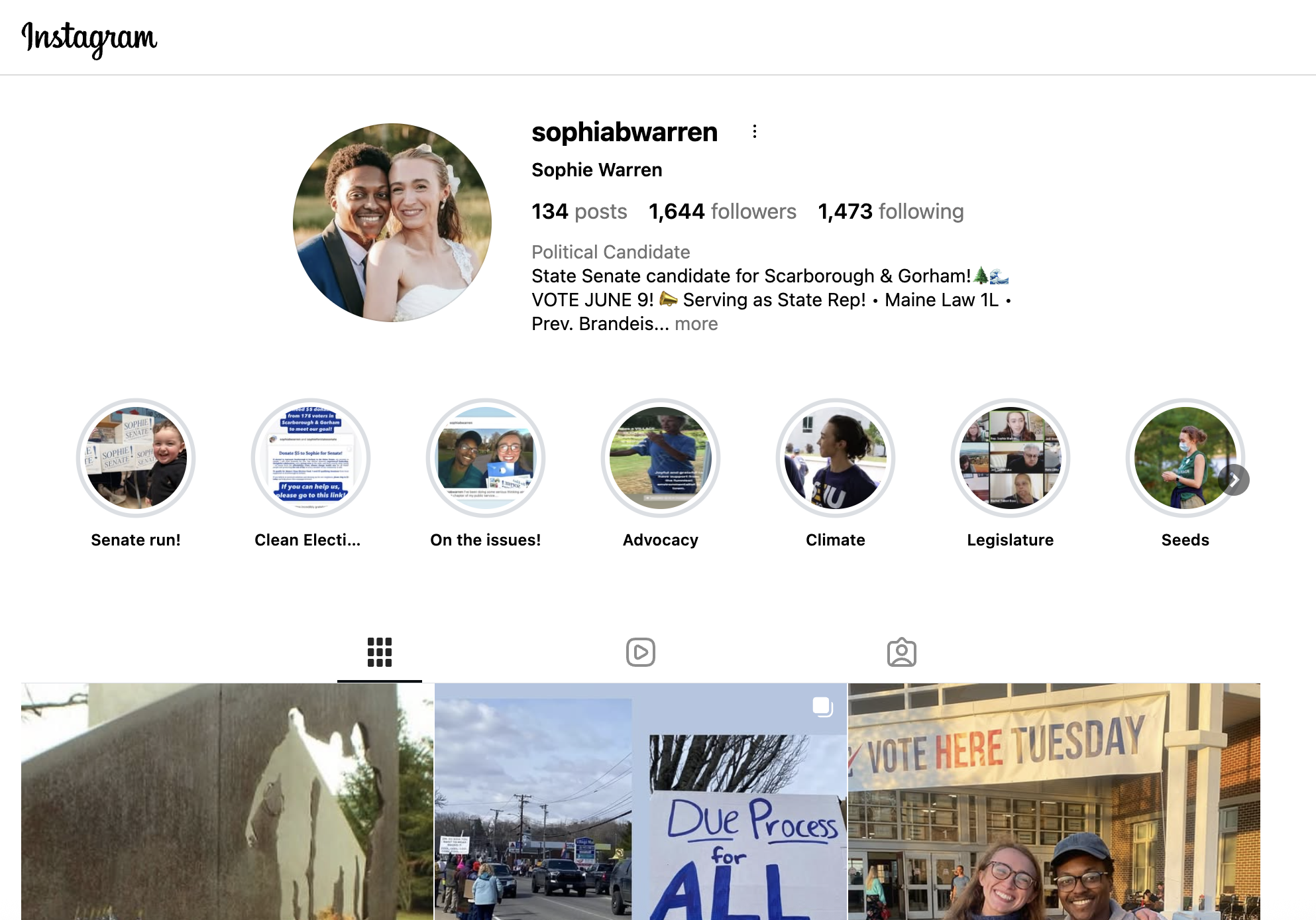 Instagram profile page of Sophie Warren, a political candidate for Maine with a profile picture of a smiling couple, and various story highlights and recent posts related to her political campaign.