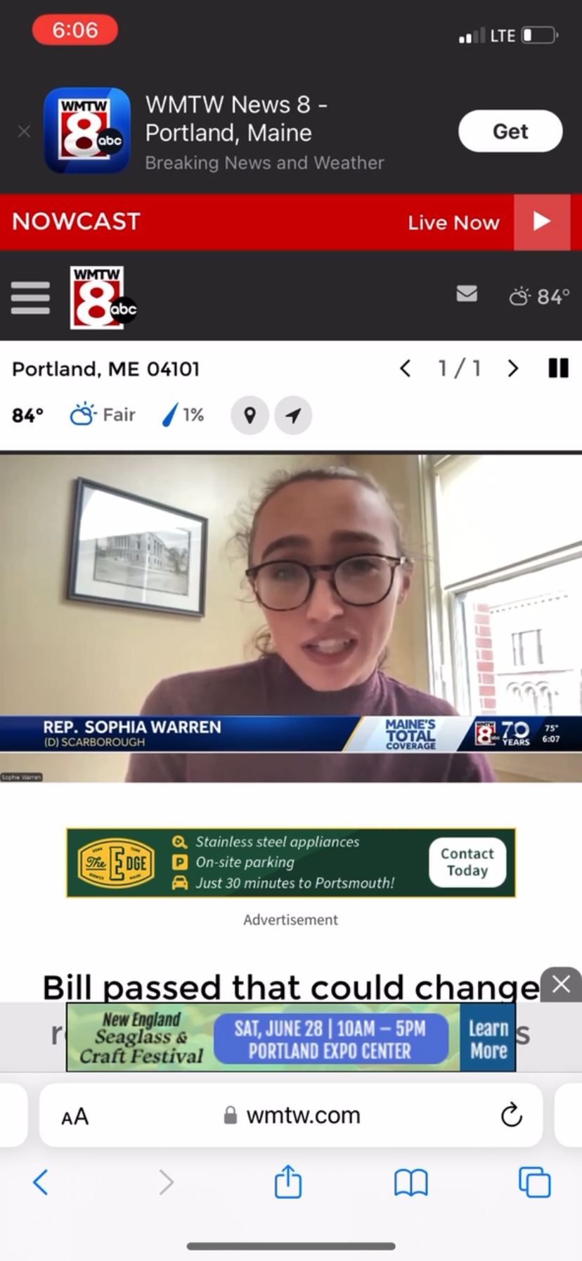 Screenshot of a news broadcast featuring Rep. Sophia Warren speaking, with weather and news station information displayed.