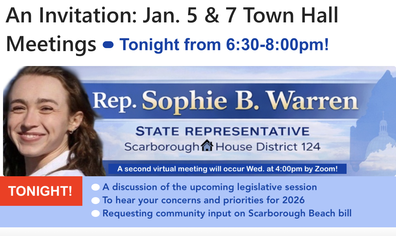 A digital flyer announcing a town hall meeting for State Representative Sophie B. Warren, scheduled for tonight from 6:30 to 8:00 pm, with a second virtual meeting at 4:00 pm via Zoom. The flyer features a smiling photo of Sophie B. Warren, the distr