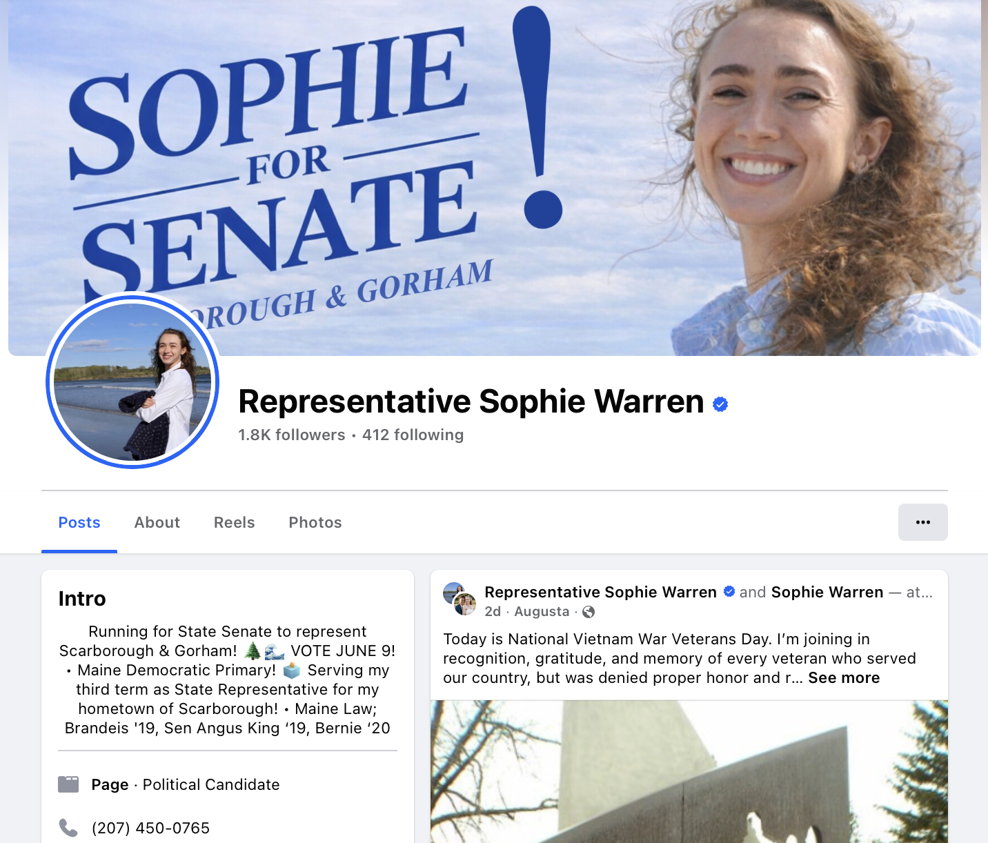 Facebook profile cover photo of a smiling woman with curly hair, wearing a blue and white striped shirt, outdoors with a blue sky background. Text overlay reads 'Sophie for Senate, Scarborough & Gorham' in large blue letters with an exclamation point.