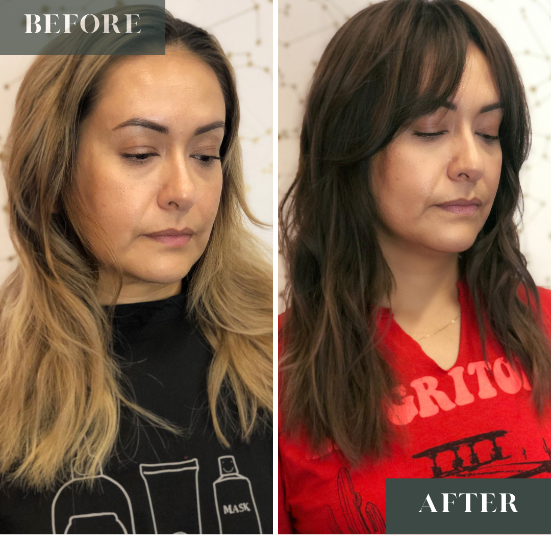Layered haircut, soft shag, curtain bangs on thick wavy hair. Colored her old highlights to a pretty brunette color for lower maintenance.