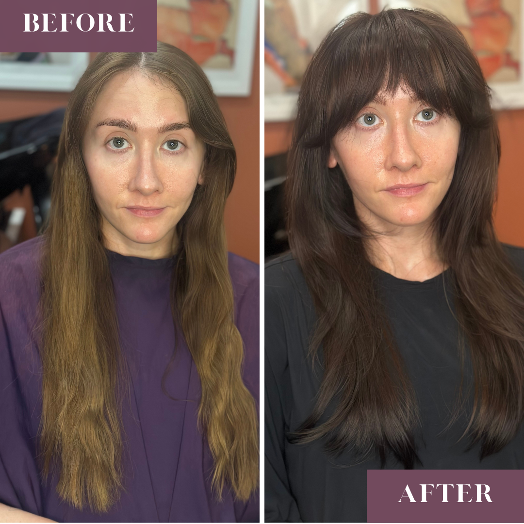 All over color, going darker with a layered haircut and bangs.