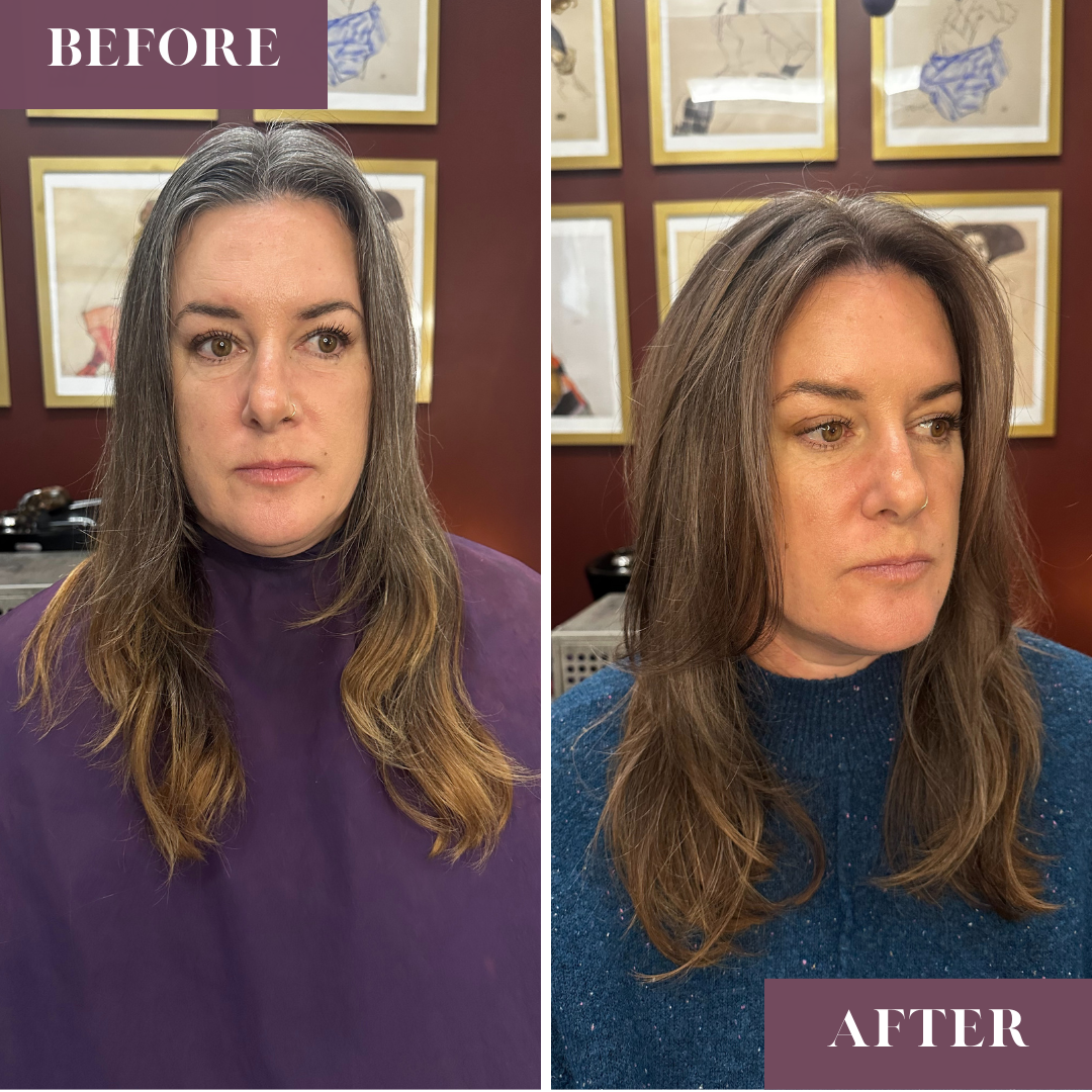 Grey blending and layered haircut.