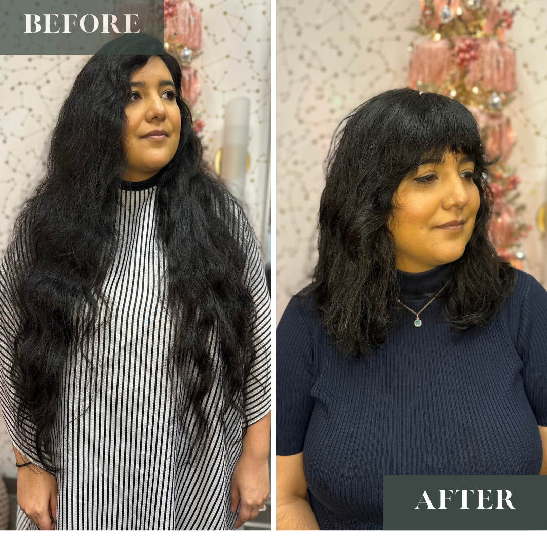 Layered haircut with bangs on very thick, wavy, dark brunette hair.