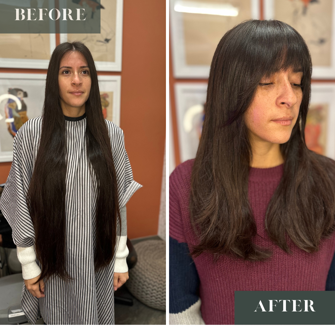 Long layers and bangs on straight to slighty wavy brunette