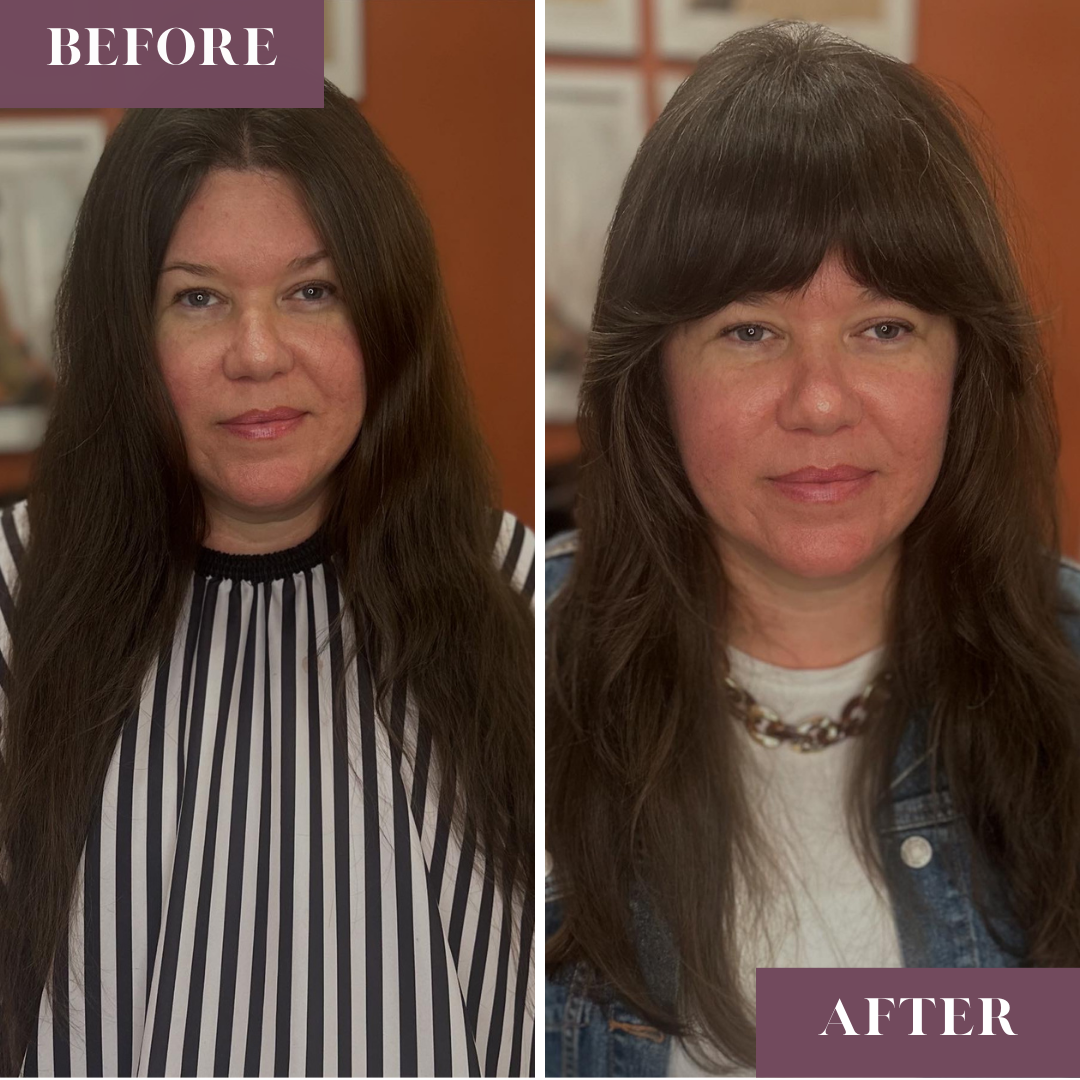 Layered haircut with bangs on long, thick hair.
