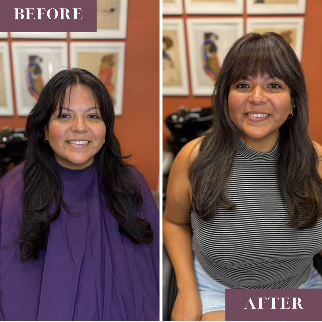 Grey blending with layered cut and bangs.