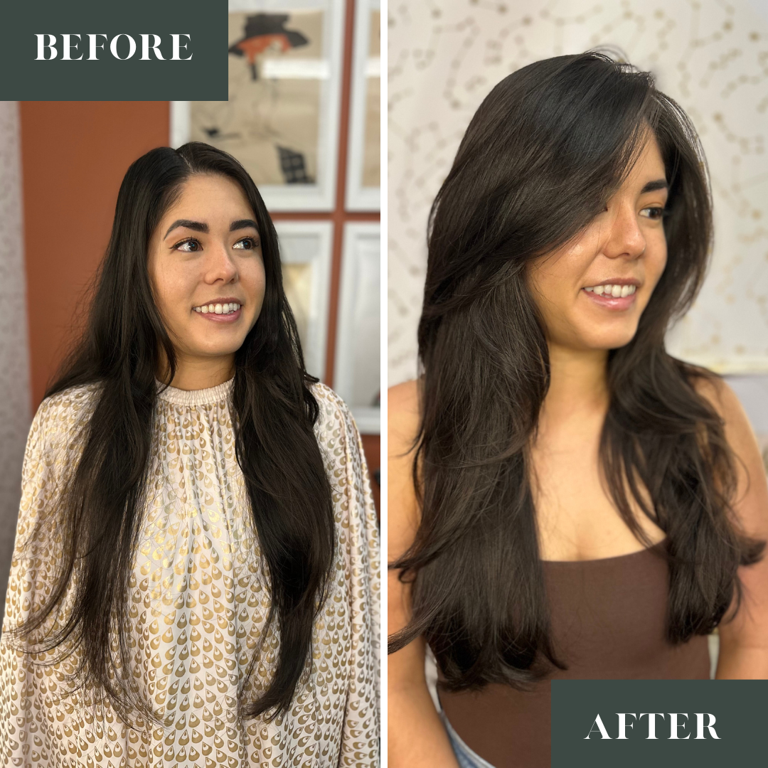 Layered haircut on long thick, wavy, brunette hair
