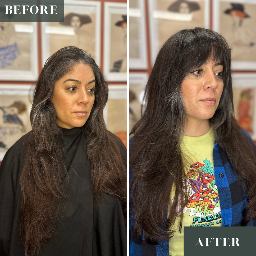 Shaggy Haircut on medium thickness, wavy hair, all color is natural. 