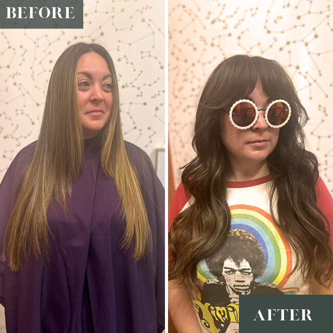 Layered cut with retro curtain bangs on medium thickness, wavy hair. Brunette balayage, brown highlights, low maintenance, natural look.