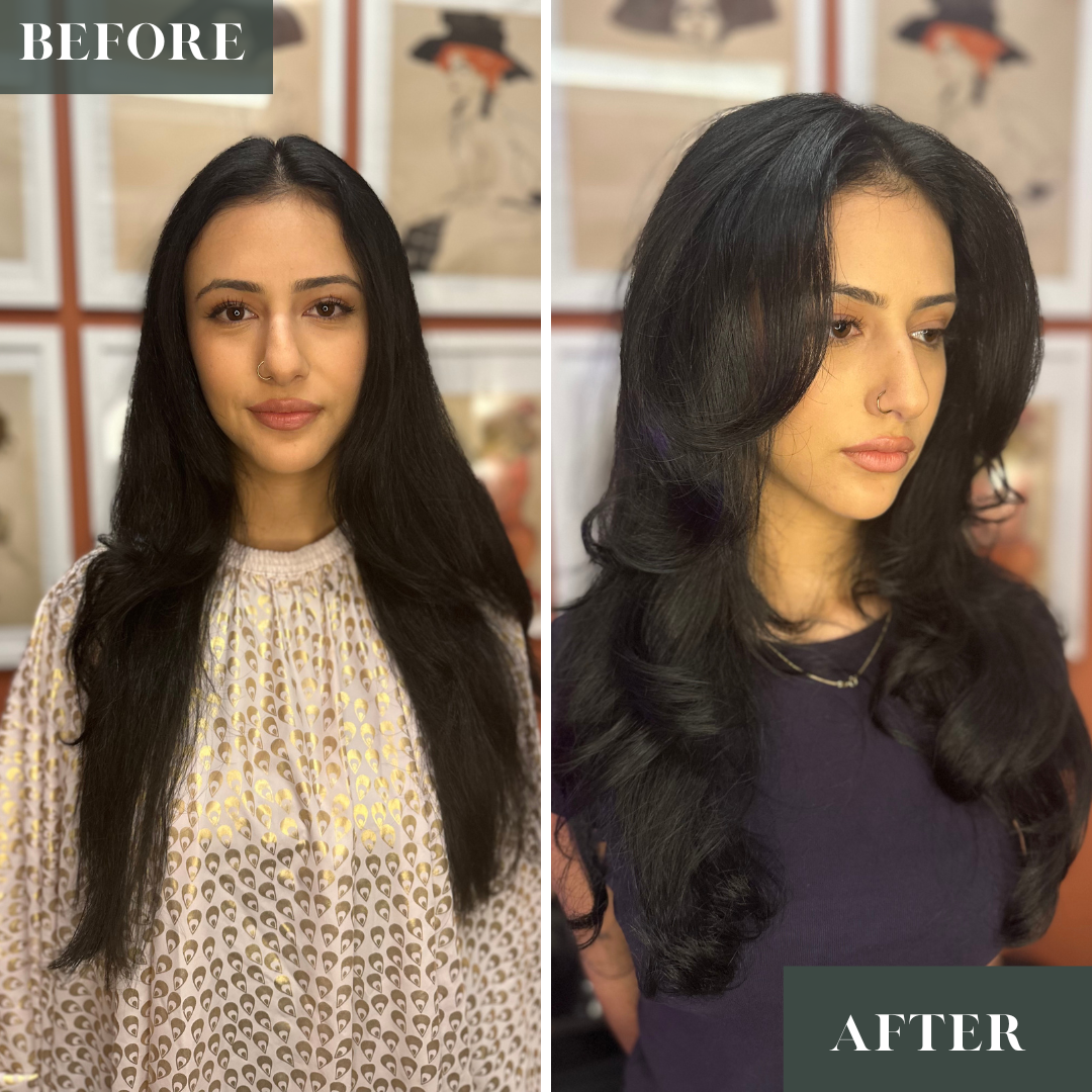 Layered cut on thick, wavy hair, natural brunette.