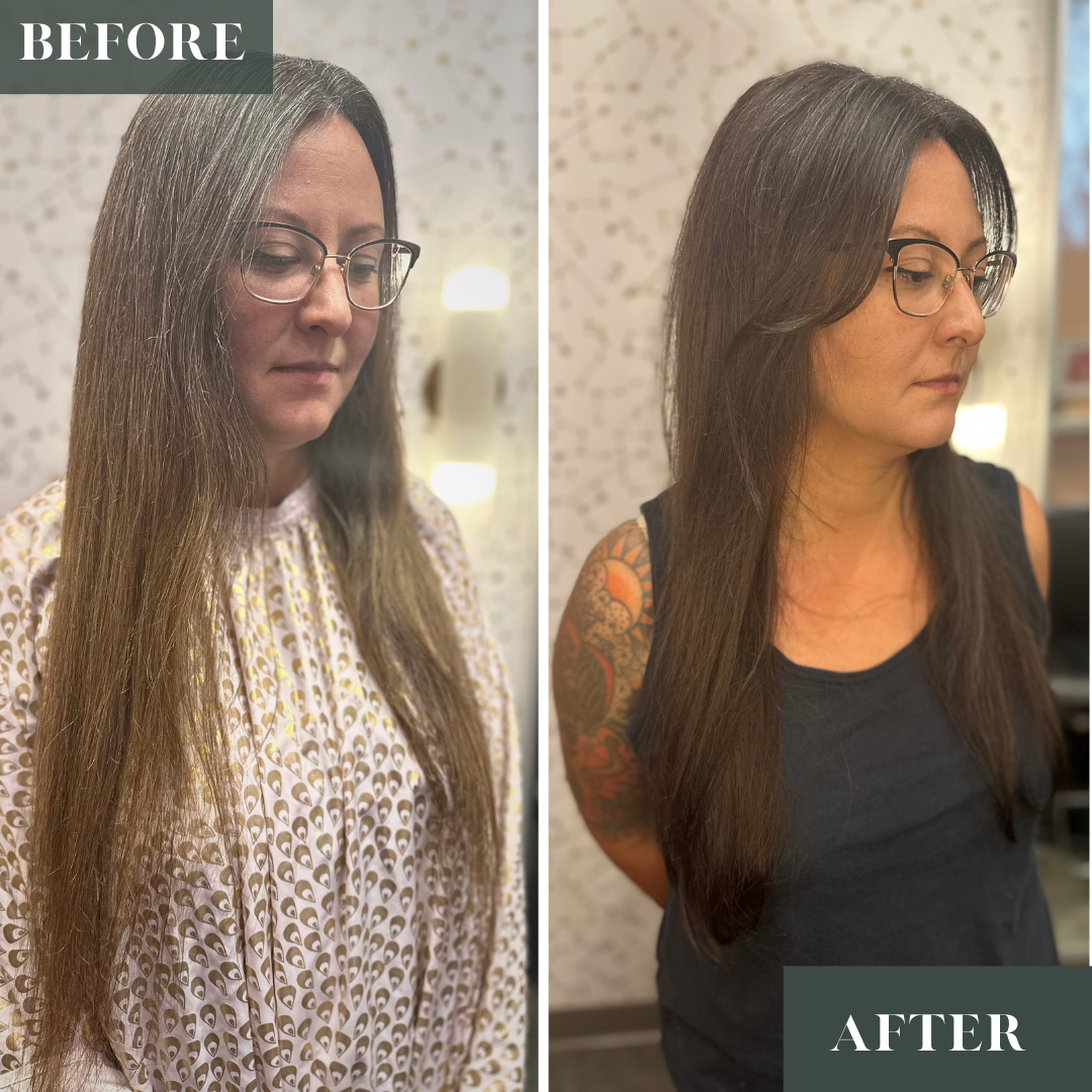 Grey blending to create a cohesive color through-out and camouflaged the grey hair. Giving her an all over cool brunette color. Layered cut on thin hair, with a curtain bang to add shape and volume around the face.
