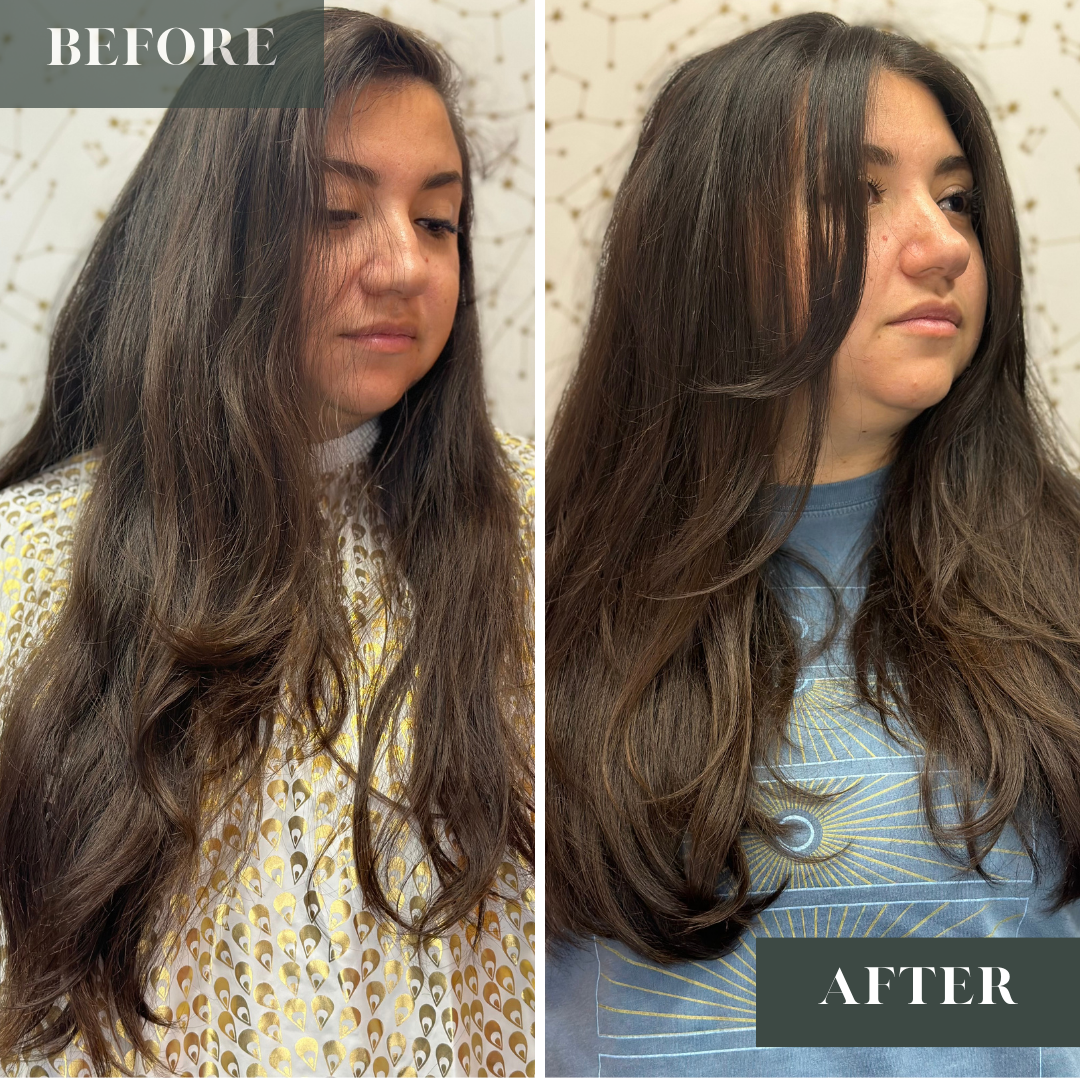 Layered haircut on very thick, long, wavy  brown hair