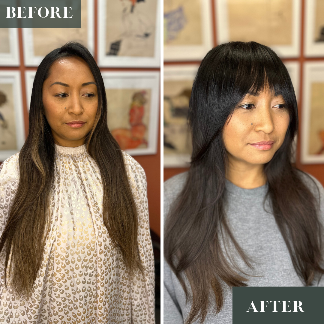 Soft Shag cut on medium thickness, straight, with some slightly wavy hair. Brown balayage/highlights.