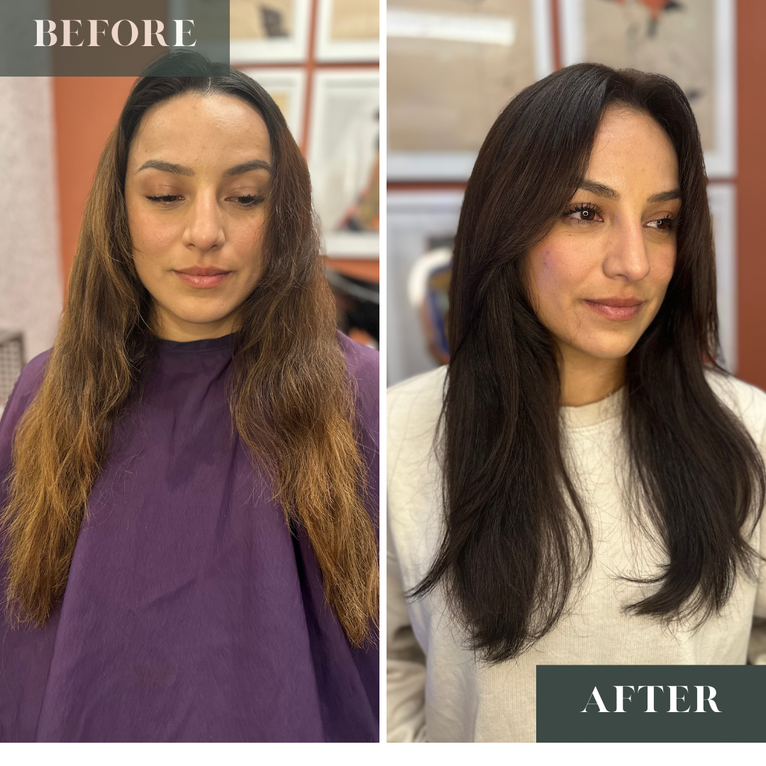All Over Color, covering old highlights and giving it a rich expensive brunette color.