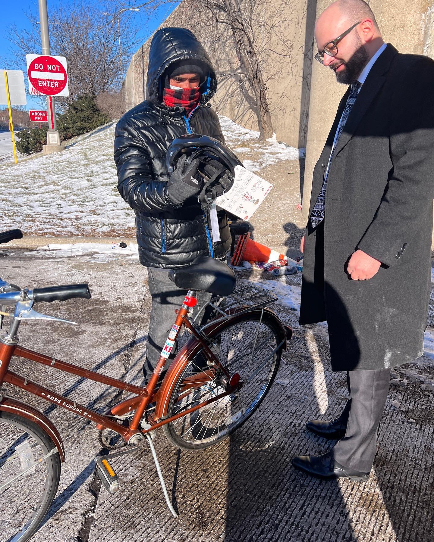 Merry Christmas to Alberto! He was ecstatic about having a old school bike souped up with a rack, lock, helmet and lights! Special thanks to Christina and Nick for befriending him, and checking up on him periodically and delivering the bike. Christ i