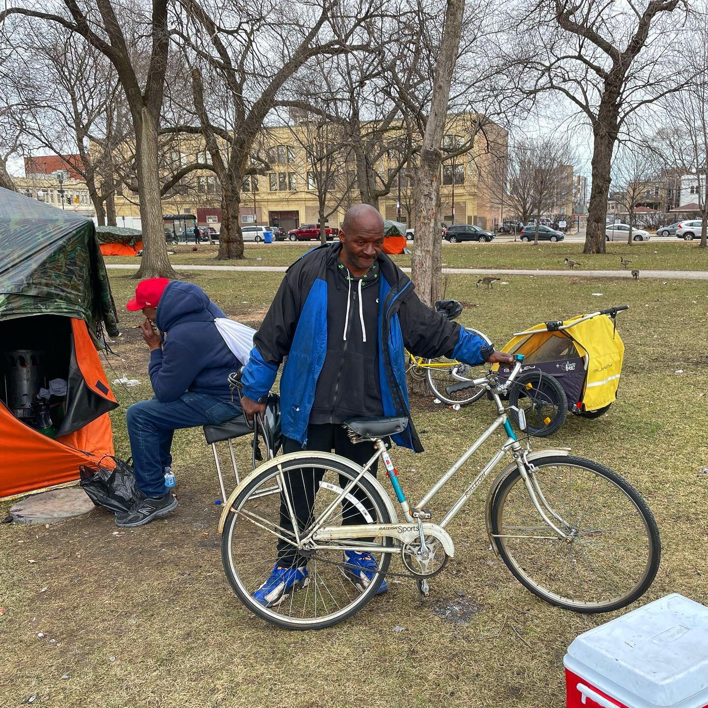 This is Alan. Last week he asked if we could get him a small propane tank to heat his tent for the night - he said he would pay for it but it was just too far to get (2 miles away). Today, Alan&rsquo;s got two wheels and is excited to burn some rubbe