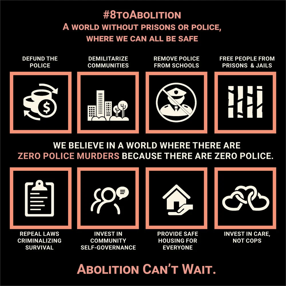 Infographic with 8toAbolition principles and associated icons with black and red color scheme