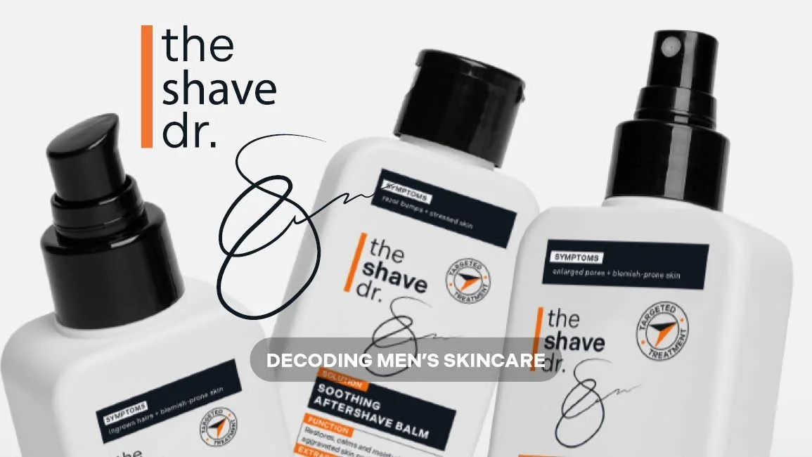 Three bottles of men's skincare products labeled 'the shave dr.' with black pump and caps, featuring black and white labels with orange accents, set against a white background for a shaving skincare line.