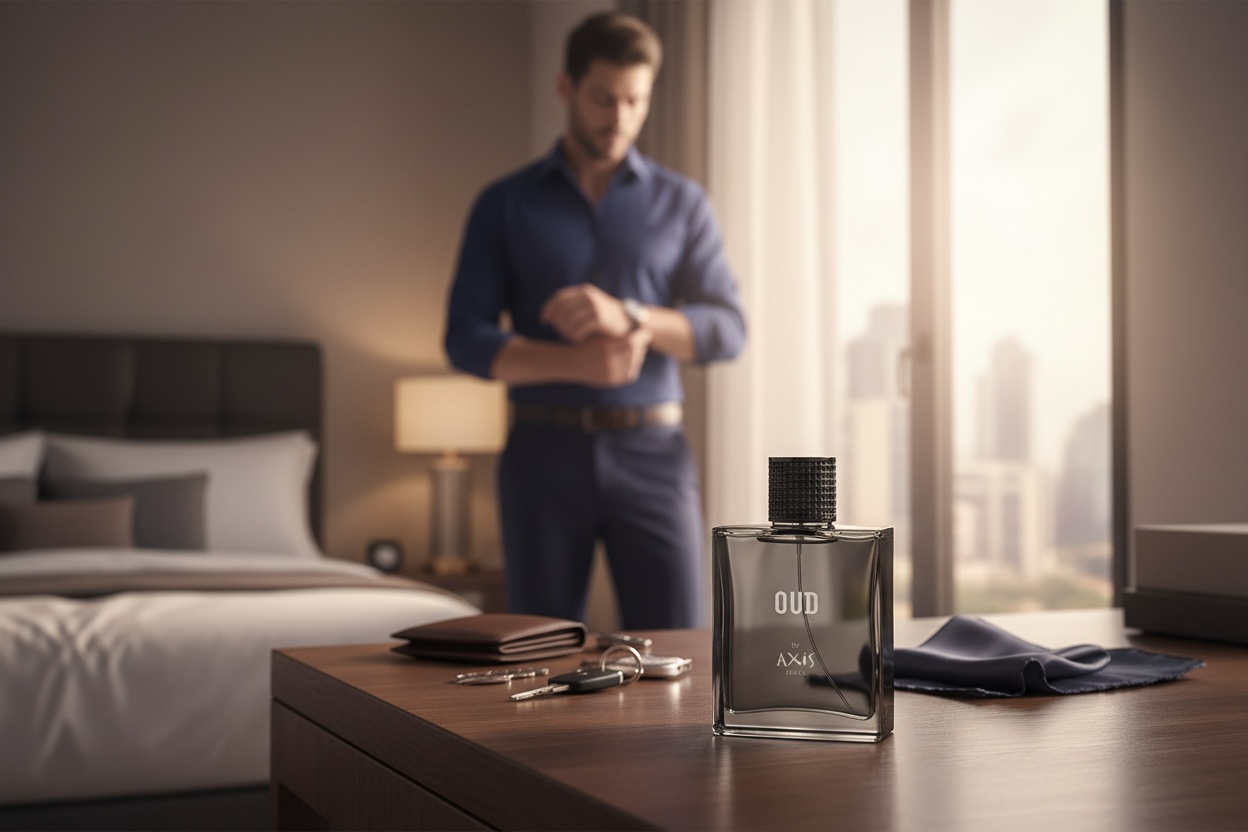 A bedroom with a man in a blue shirt looking at his watch, a table with cologne, a wallet, keys, and a cloth in the foreground.