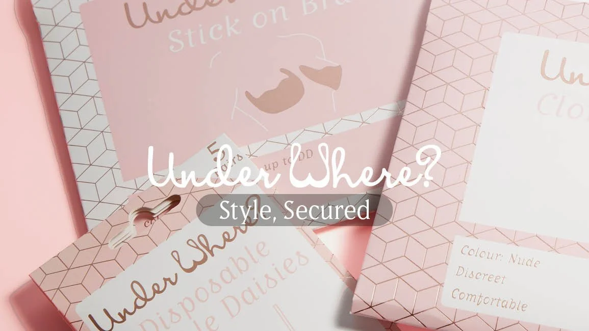 Pink packaging box containing disposable undergarments with the text "Under Where?" and descriptions such as color: nude, discreet, comfortable.